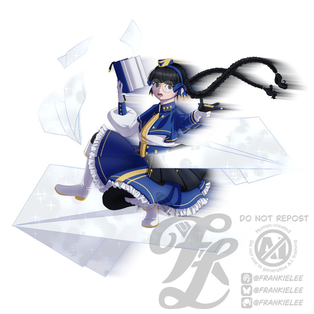 Splash Art of Themis. She's a white woman of short stature, dark grey eyes, and black twin braids flying behind her. She's kneeling atop a large paper plane that's flying through the air. Themis is commanding a fleet of paper planes that manifest from a book she's holding. Her outfit is ornate, that of a decorated war strategist.